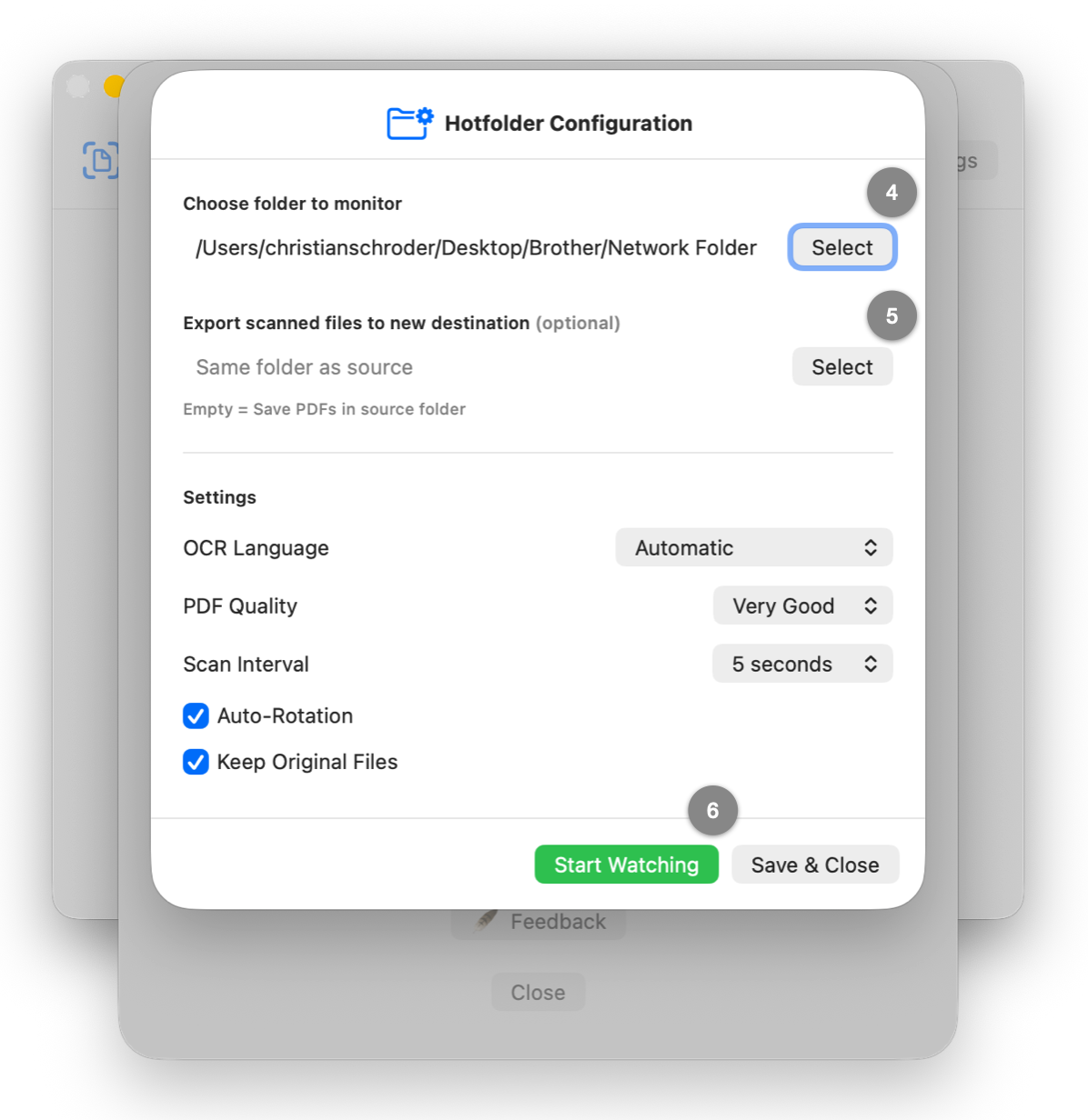 “Hotfolder Configuration” window with folder selection, settings and the “Start Watching” button