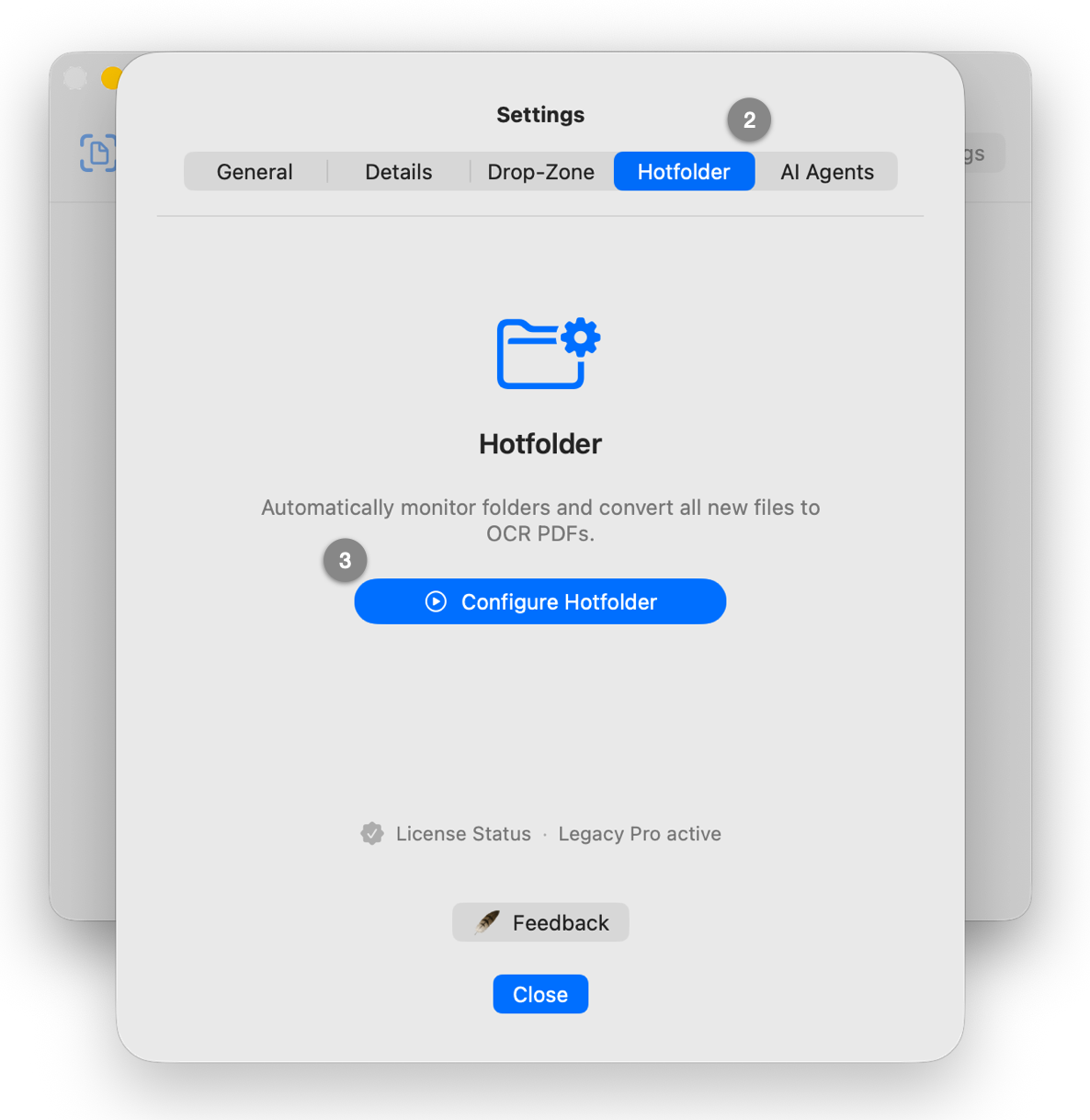 Settings window with the “Hotfolder” tab selected and the “Configure Hotfolder” button