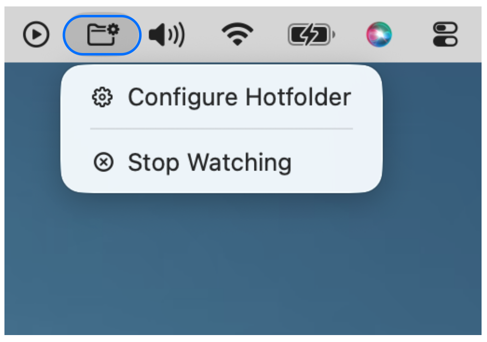 Hotfolder icon in the macOS menu bar with the “Configure Hotfolder” and “Stop Watching” menu items