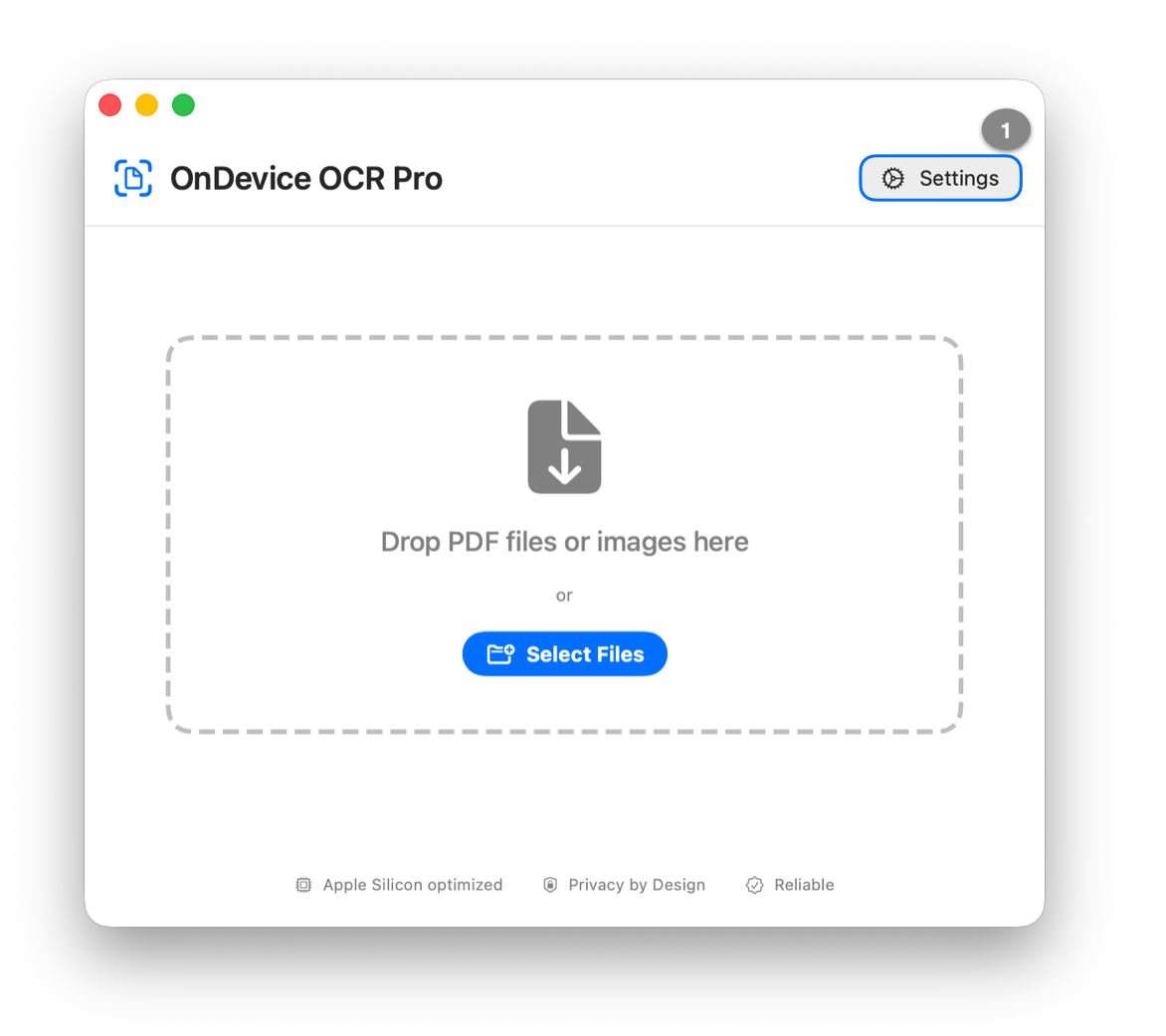Main window of OnDevice OCR Pro with the “Settings” button highlighted in the top-right corner