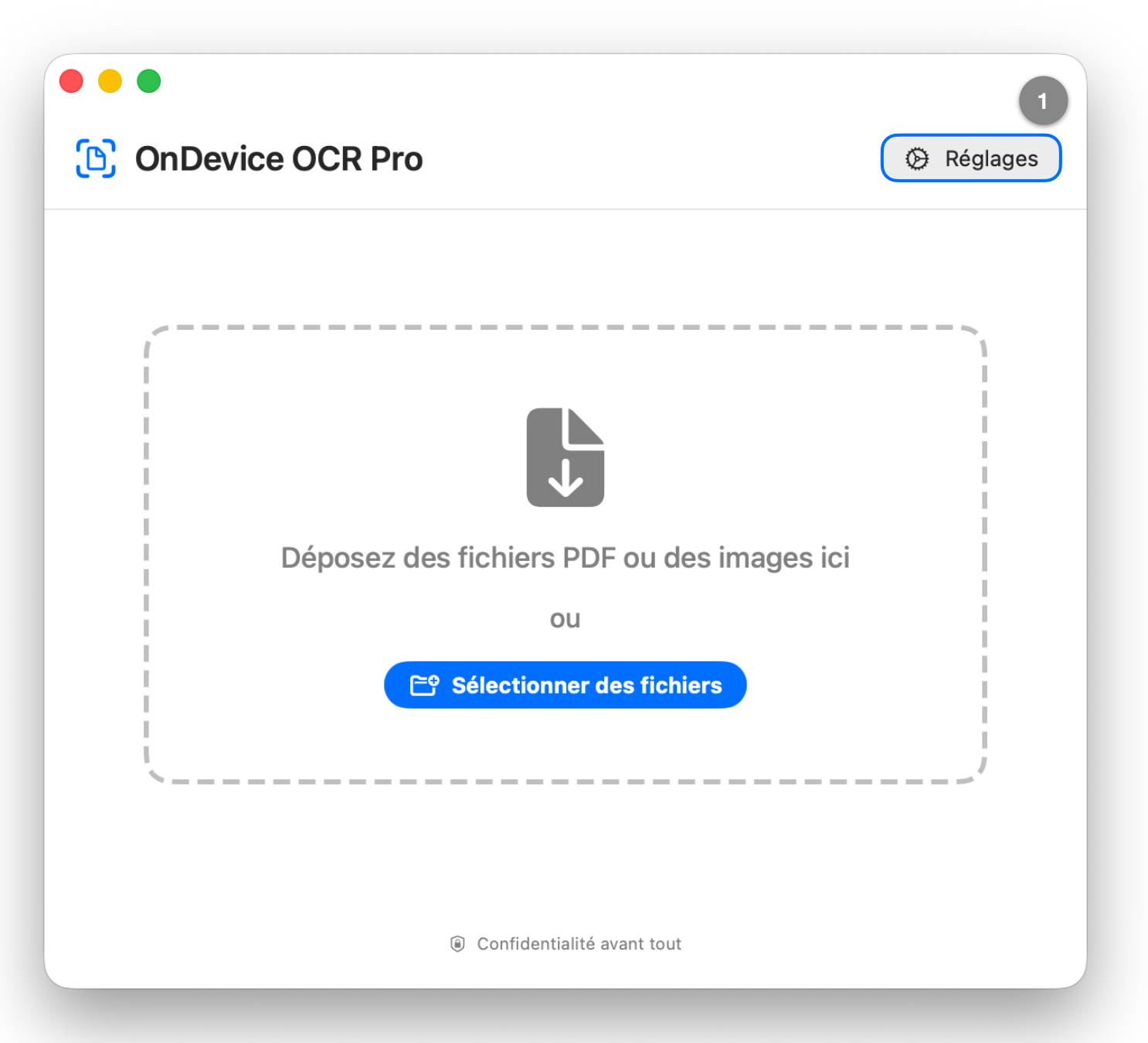 Fenêtre principale d’OnDevice OCR Pro avec le bouton « Réglages » mis en surbrillance dans le coin supérieur droit