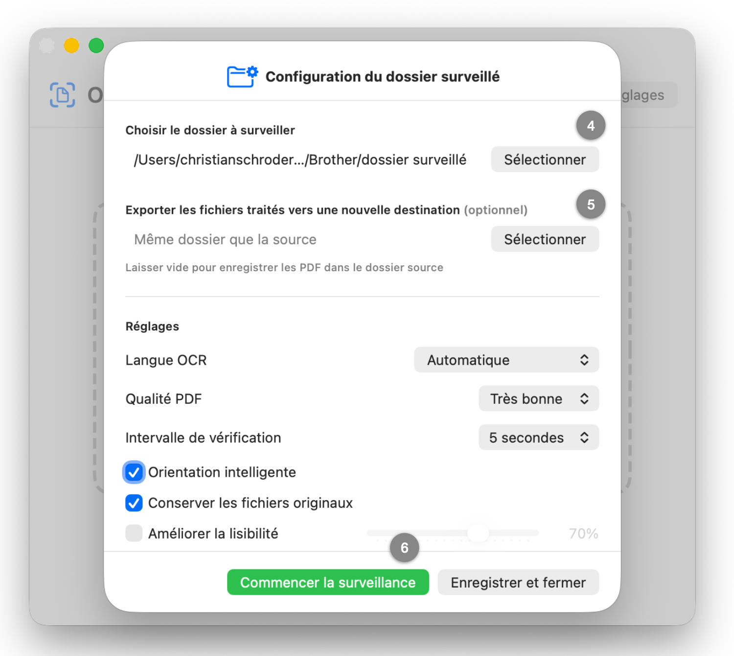 Fenêtre « Configuration du dossier surveillé » avec la sélection du dossier, les réglages et le bouton « Commencer la surveillance »