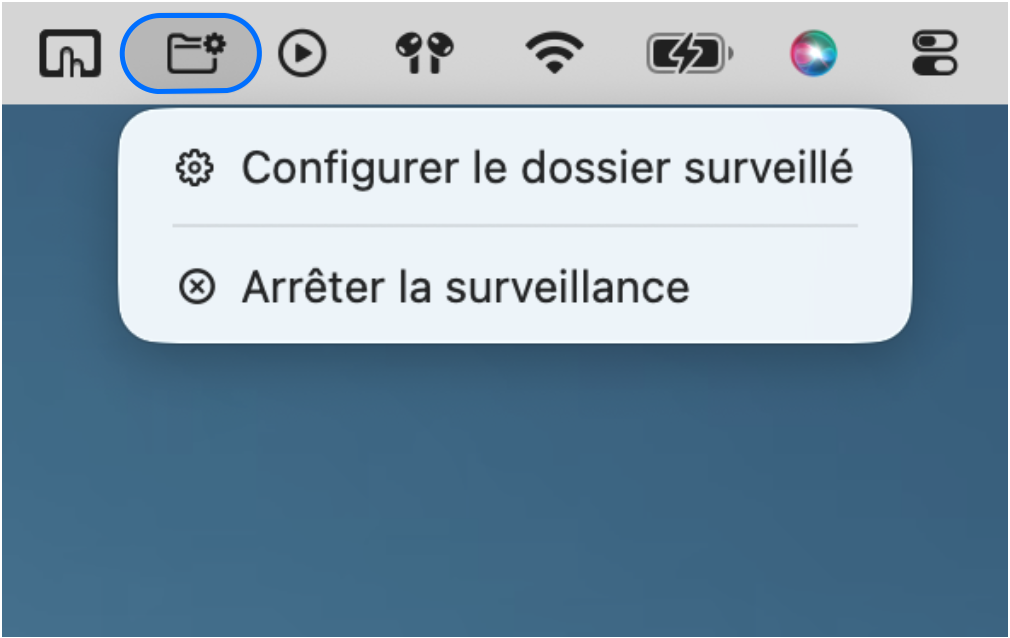 Icône du dossier surveillé dans la barre de menus macOS avec les éléments de menu « Configurer le dossier surveillé » et « Arrêter la surveillance »