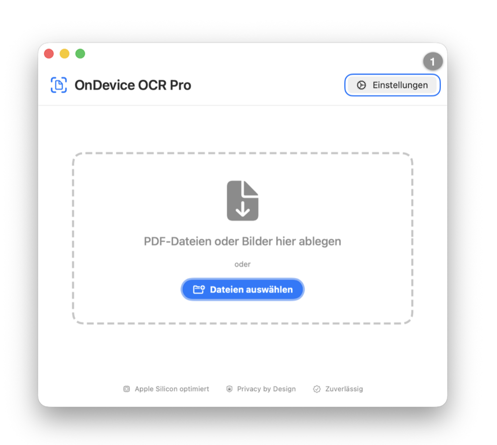 Hauptfenster von OnDevice OCR Pro mit hervorgehobener Schaltfläche „Einstellungen“ oben rechts