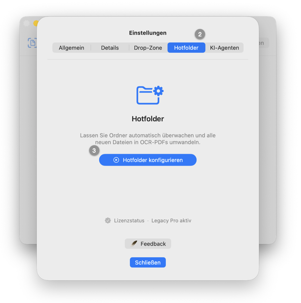 Einstellungsfenster mit ausgewähltem Reiter „Hotfolder“ und der Schaltfläche „Hotfolder konfigurieren“