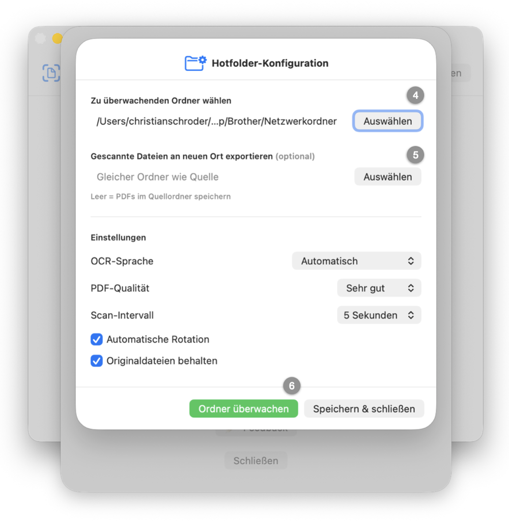 Fenster „Hotfolder-Konfiguration“ mit Ordnerauswahl, Einstellungen und der Schaltfläche „Ordner überwachen“