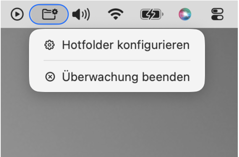 Hotfolder-Symbol in der macOS-Menüleiste mit dem Menü „Hotfolder konfigurieren“ und „Überwachung beenden“