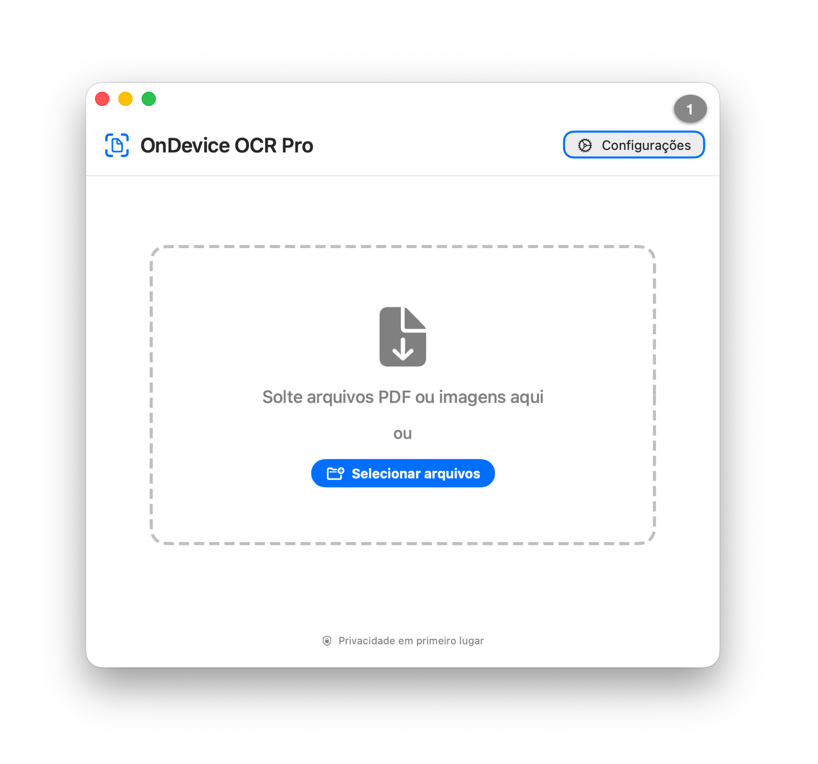 Janela principal do OnDevice OCR Pro com o botão “Configurações” destacado no canto superior direito