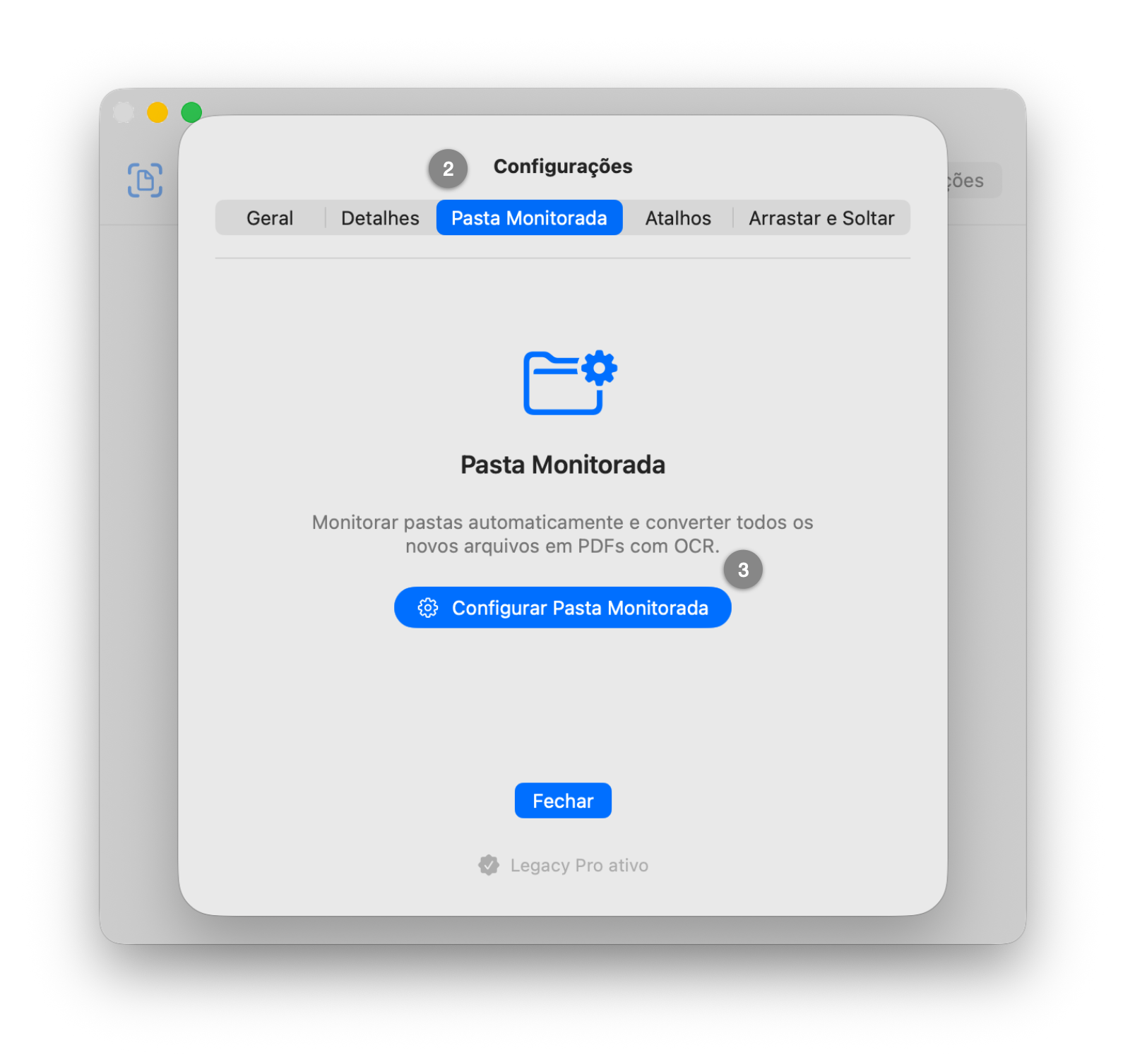 Janela de configurações com a aba “Pasta Monitorada” selecionada e o botão “Configurar Pasta Monitorada”
