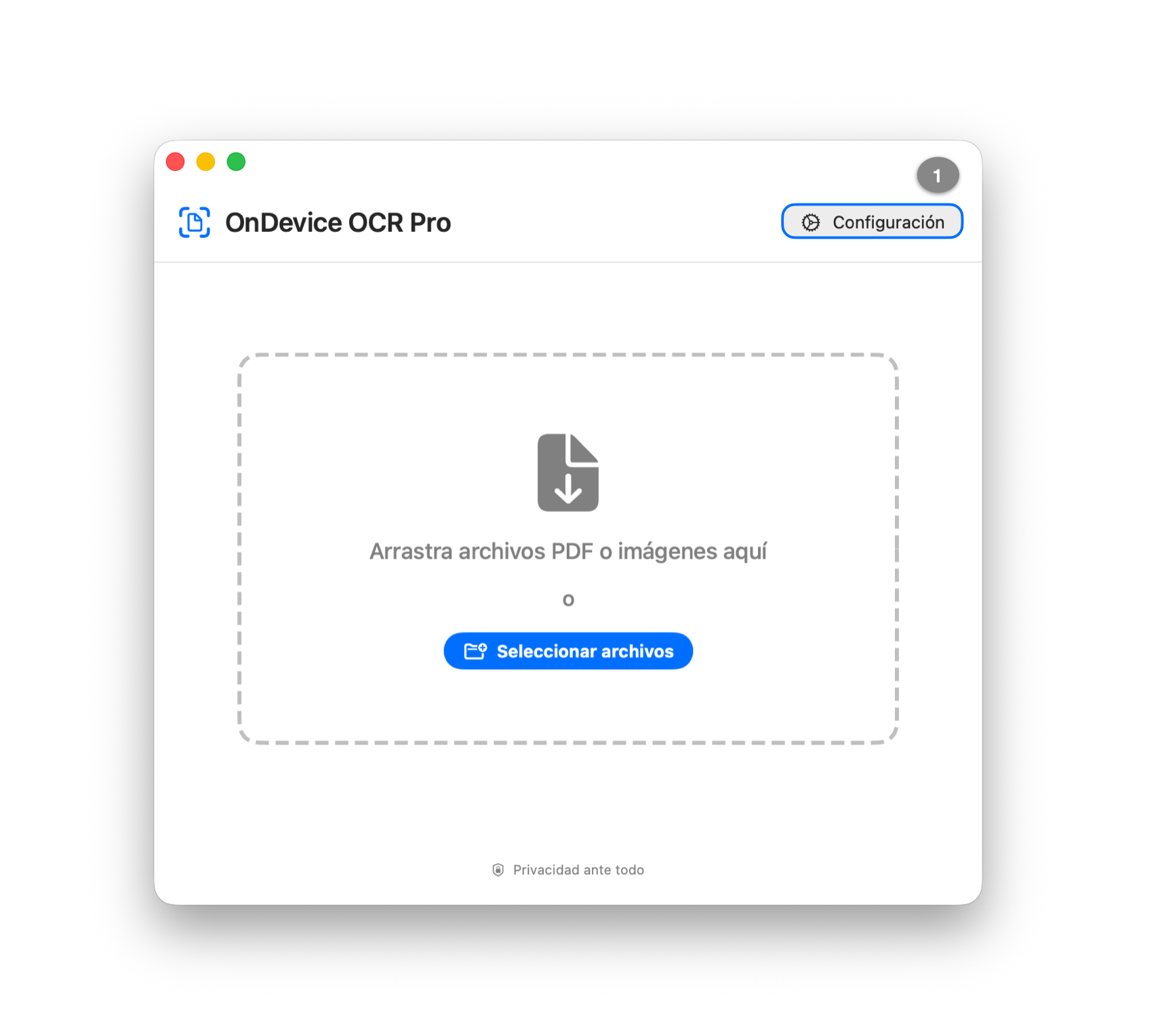 Ventana principal de OnDevice OCR Pro con el botón «Configuración» resaltado en la esquina superior derecha