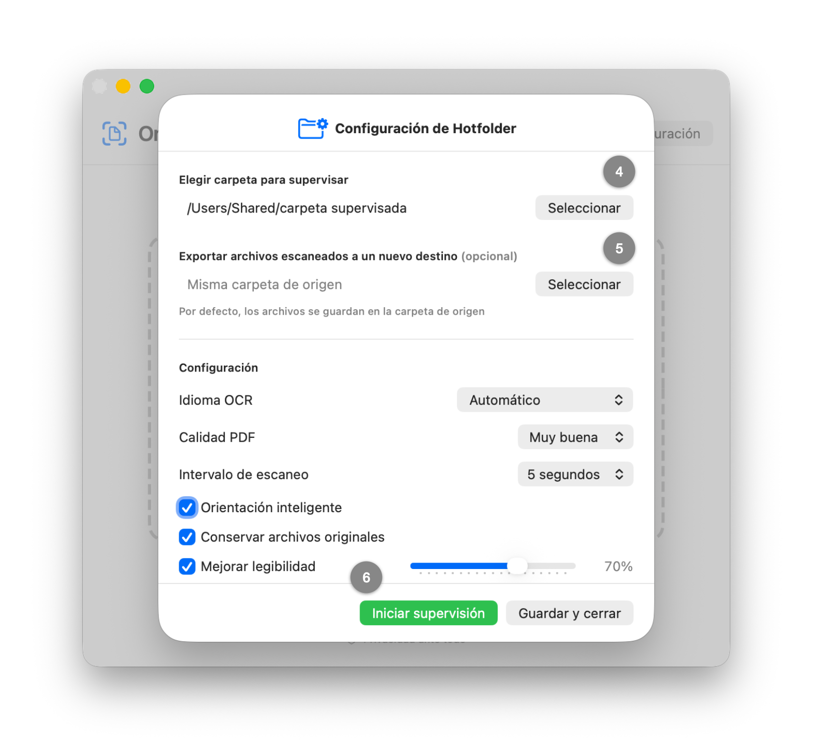Ventana «Configuración de Hotfolder» con la selección de carpeta, los ajustes y el botón «Iniciar supervisión»