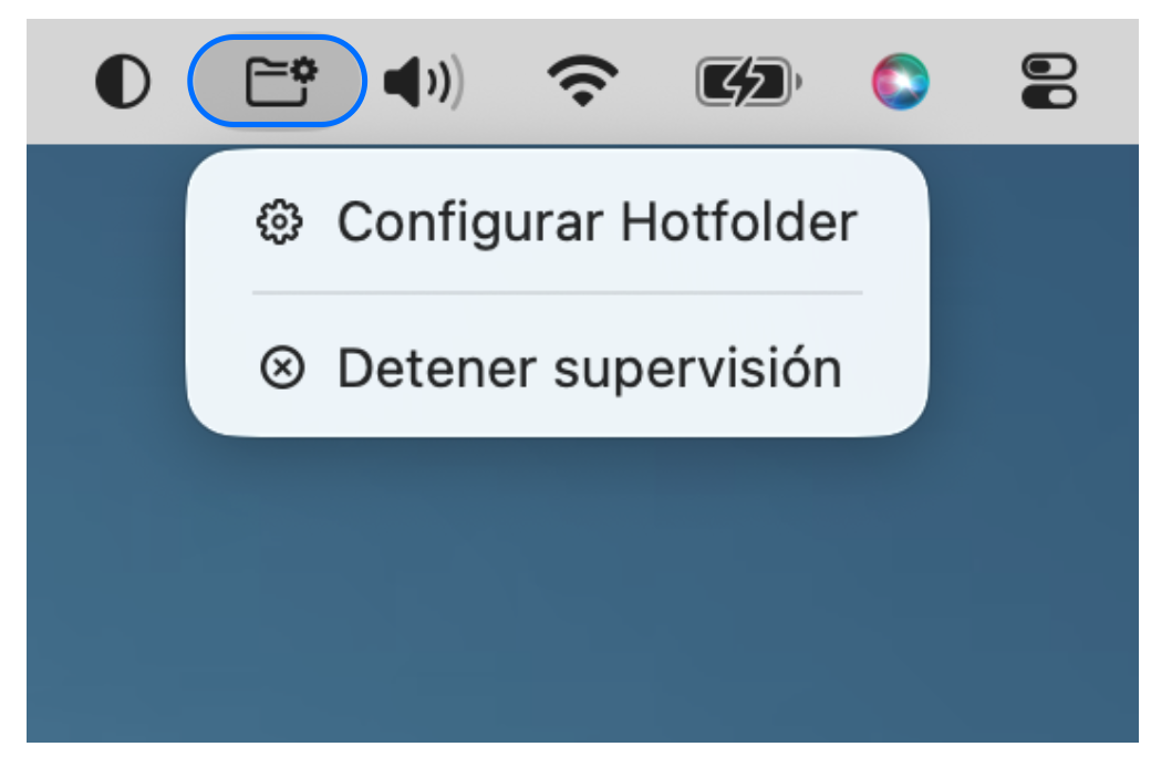 Icono del Hotfolder en la barra de menús de macOS con las opciones «Configurar Hotfolder» y «Detener supervisión»