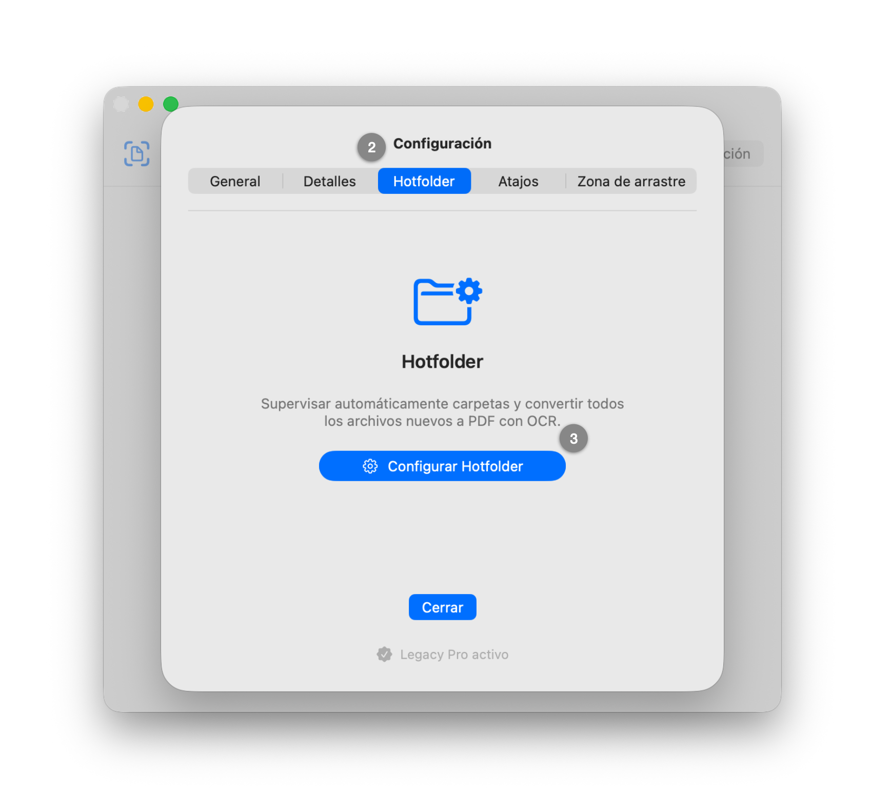 Ventana de configuración con la pestaña «Hotfolder» seleccionada y el botón «Configurar Hotfolder»