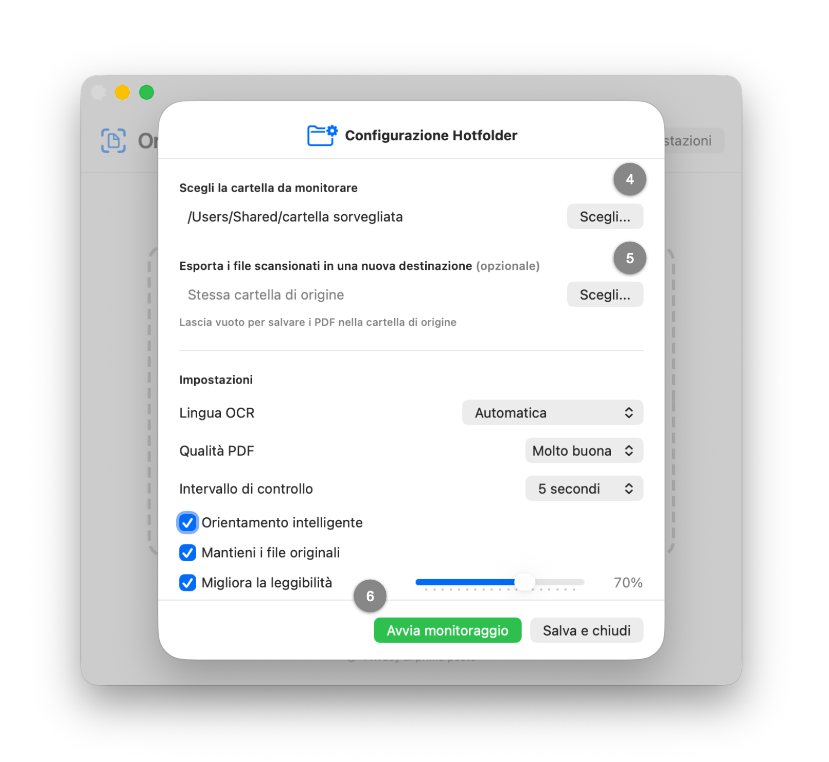 Configurazione della Hotfolder in OnDevice OCR Pro con selezione delle cartelle e impostazioni OCR