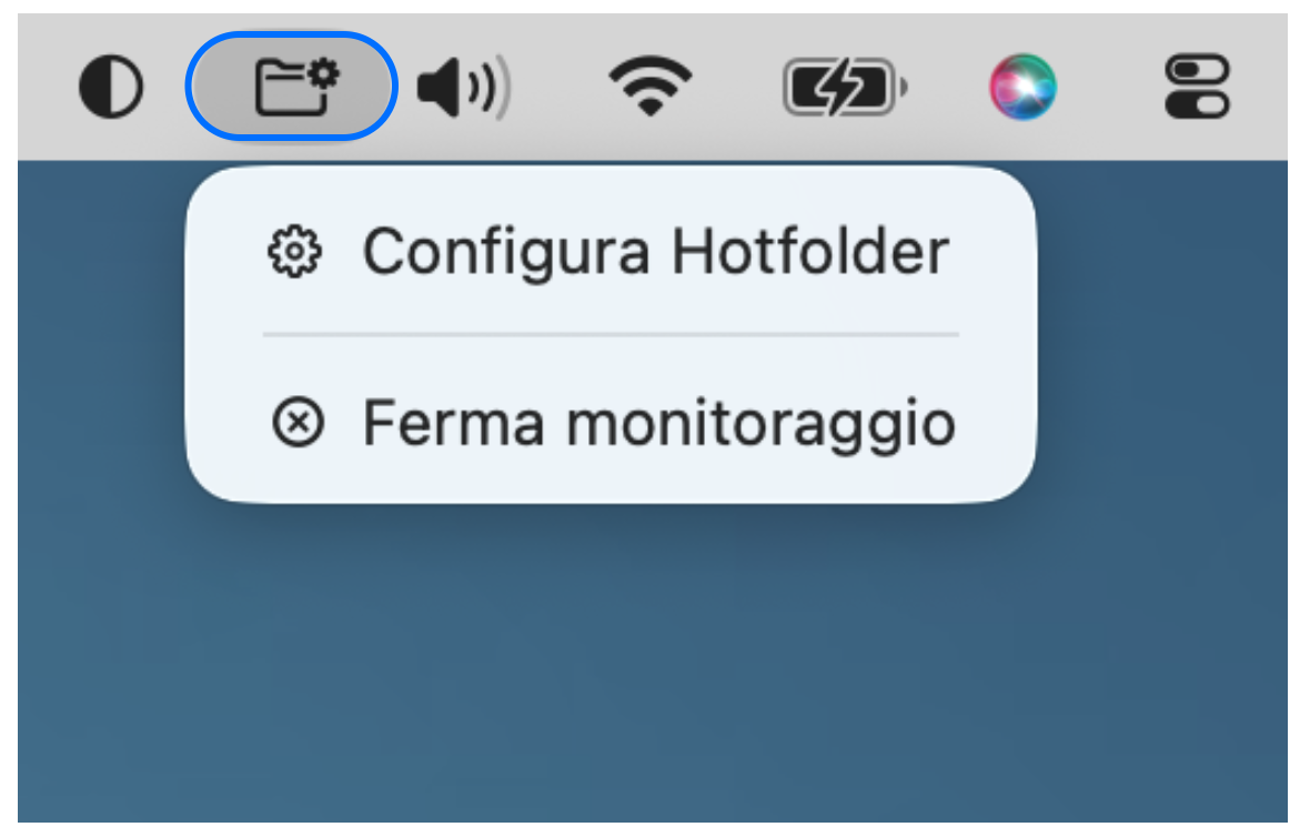 Icona della Hotfolder nella barra dei menu di macOS con le opzioni Configura Hotfolder e Ferma monitoraggio