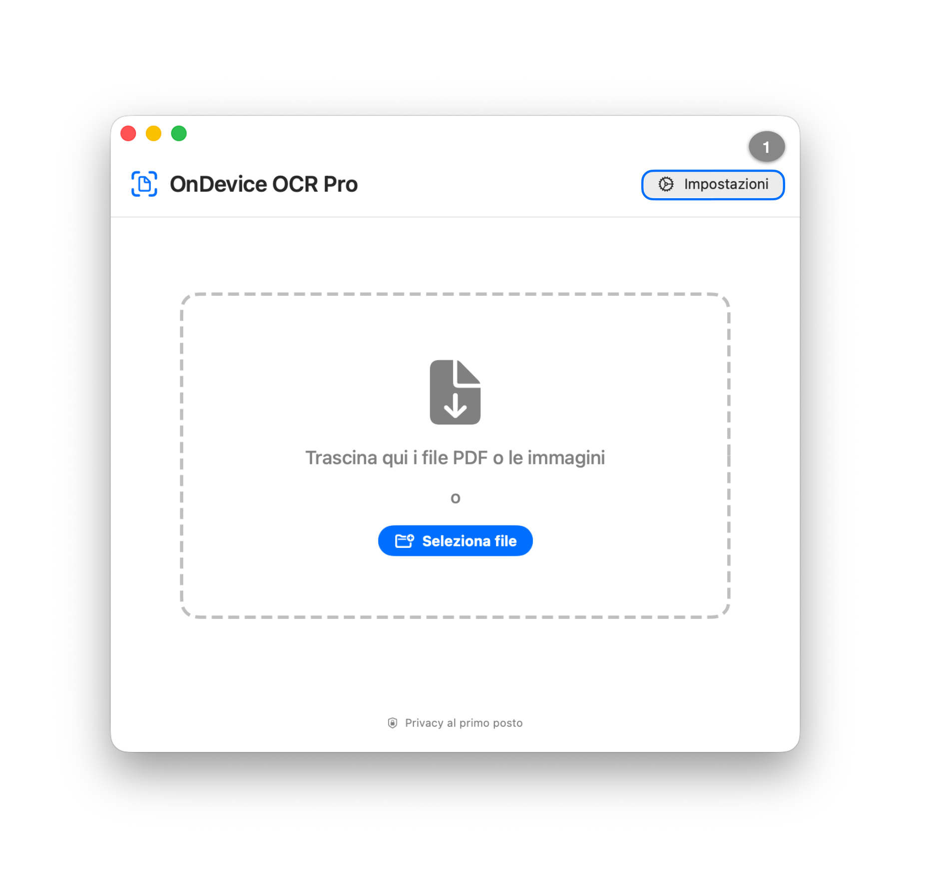 OnDevice OCR Pro sul Mac con il pulsante Impostazioni evidenziato per configurare l’OCR automatico