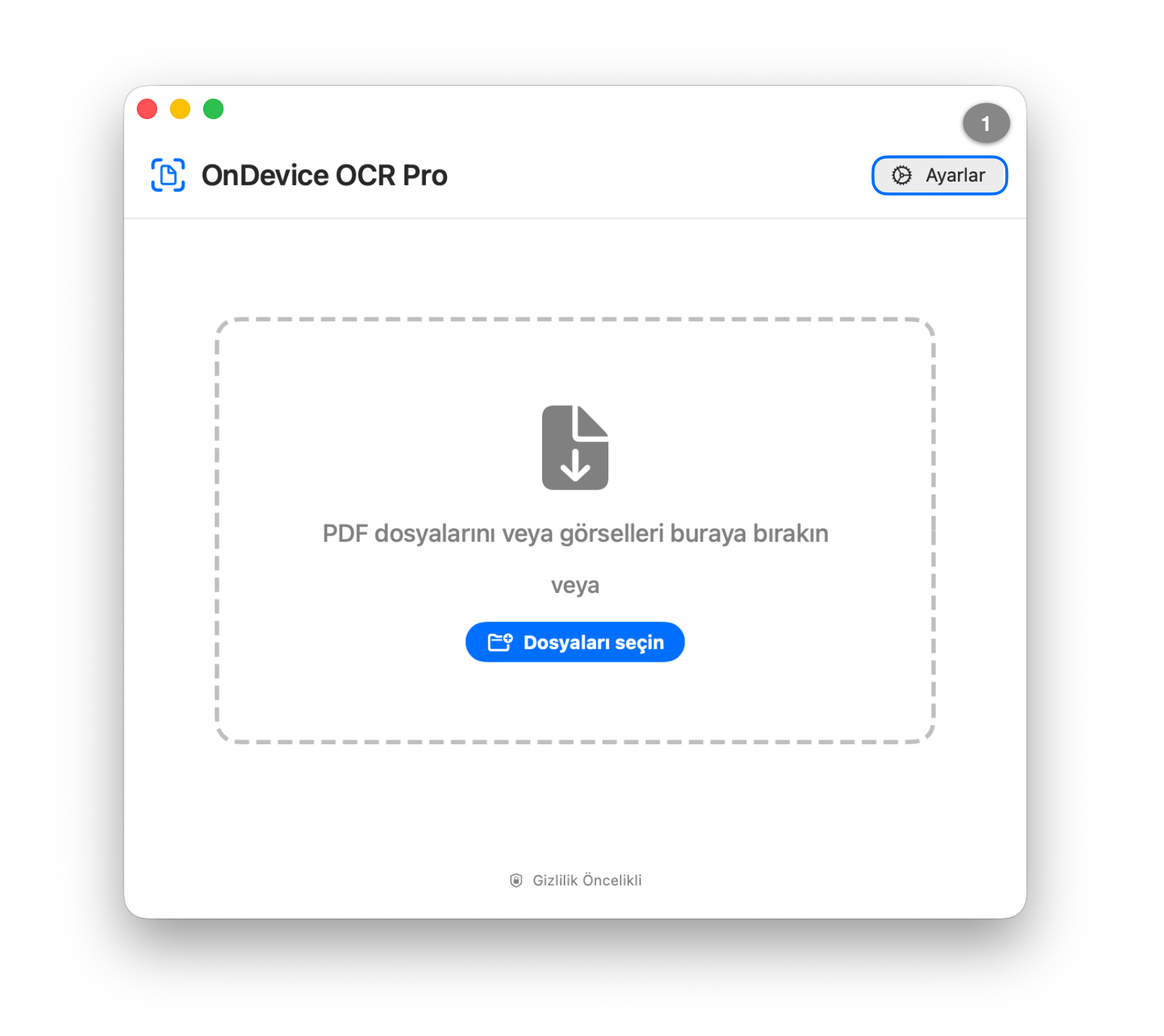 Sağ üst köşedeki Ayarlar düğmesinin vurgulandığı OnDevice OCR Pro ana penceresi