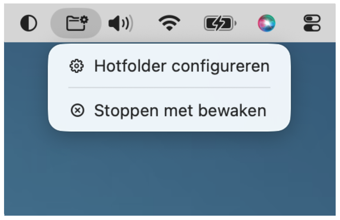 Hotfolder-pictogram in de macOS-menubalk met de menu-items ‘Hotfolder configureren’ en ‘Stoppen met bewaken’