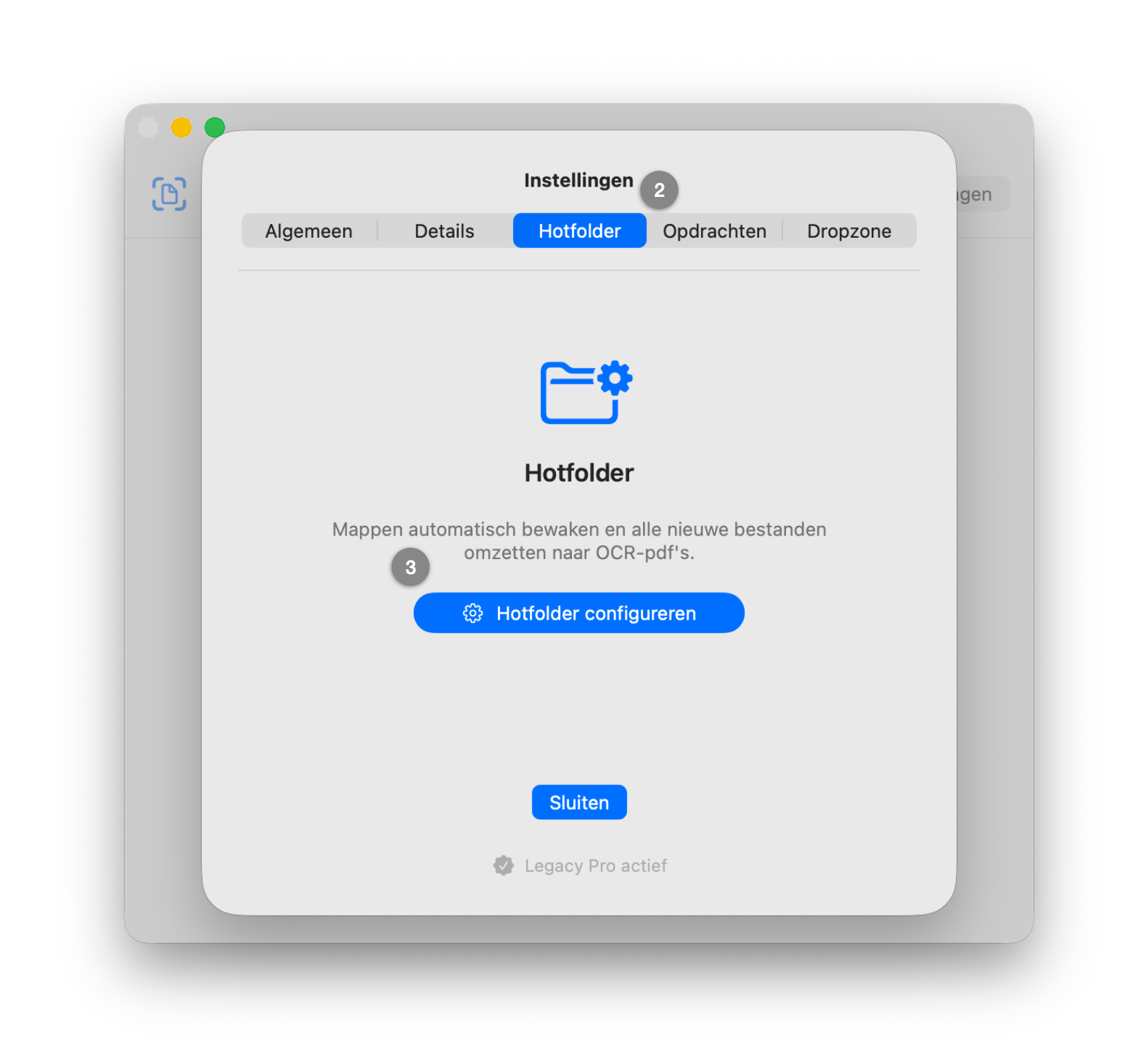 Instellingsvenster met het tabblad ‘Hotfolder’ geselecteerd en de knop ‘Hotfolder configureren’