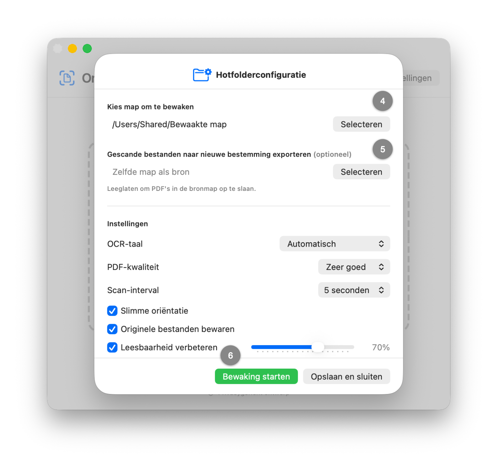 Venster ‘Hotfolderconfiguratie’ met mapkeuze, instellingen en de knop ‘Bewaking starten’