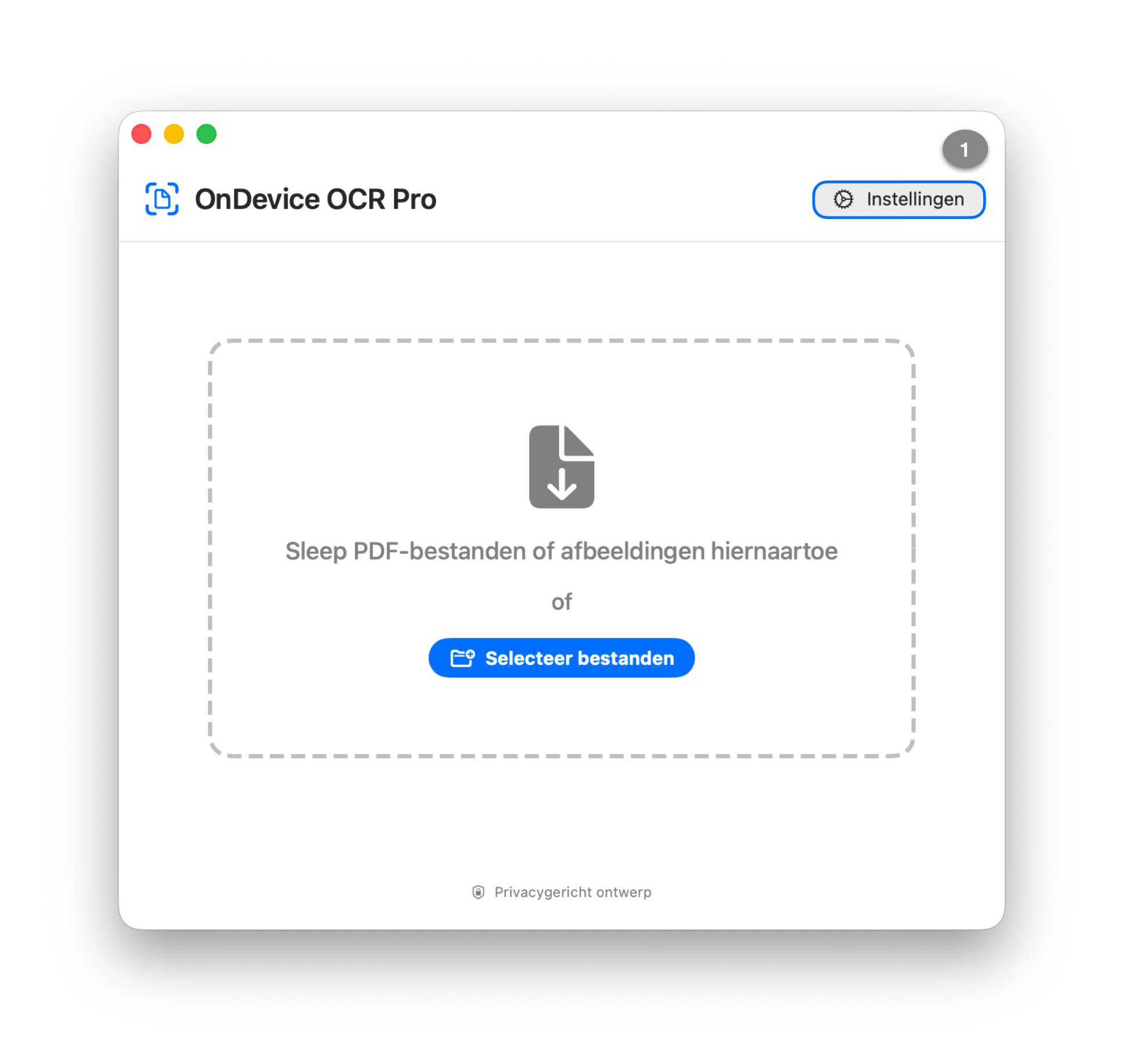 Hoofdvenster van OnDevice OCR Pro met de knop ‘Instellingen’ gemarkeerd in de rechterbovenhoek