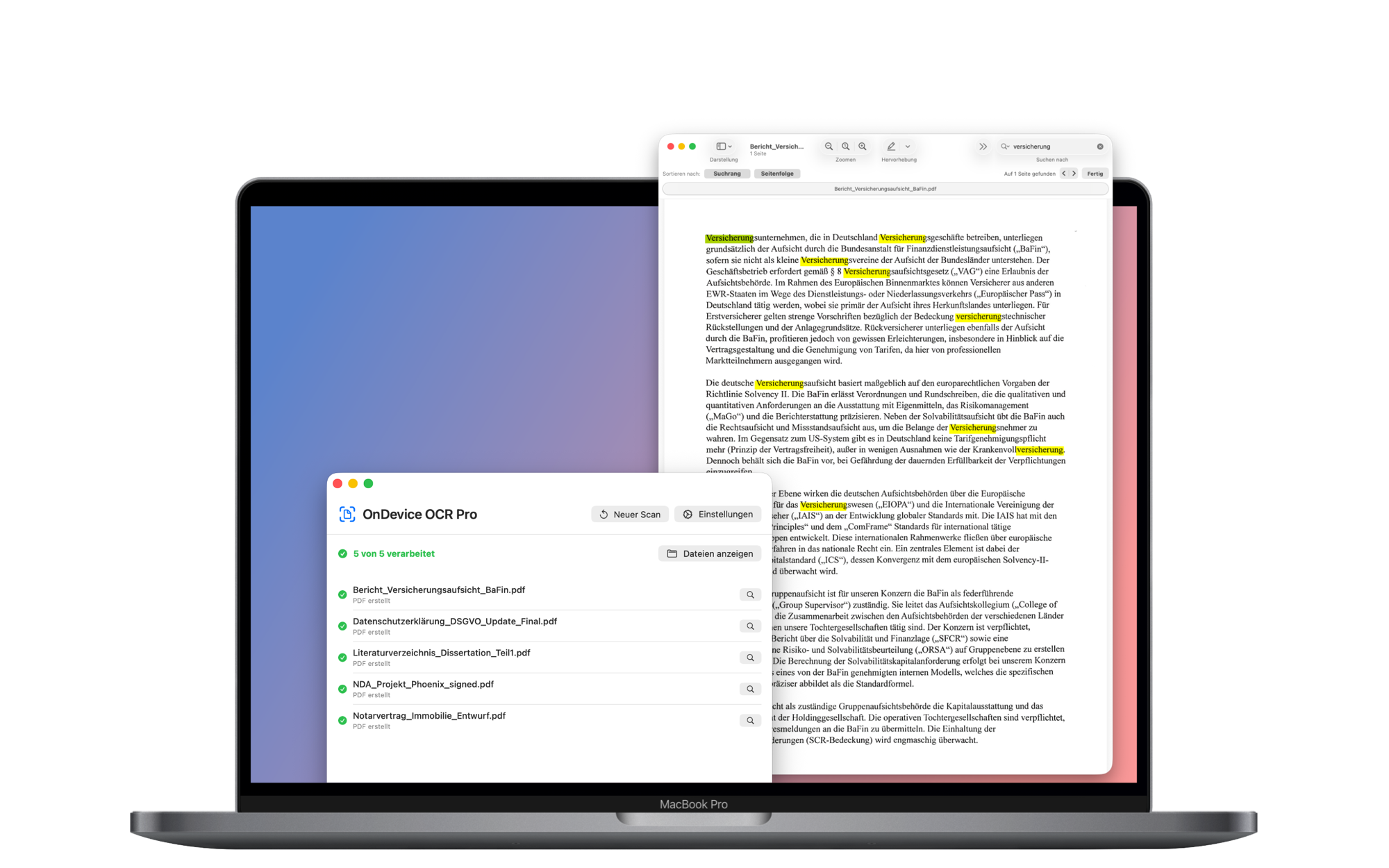 OnDevice OCR Pro zeigt verarbeitete Dokumente neben einer durchsuchbaren PDF