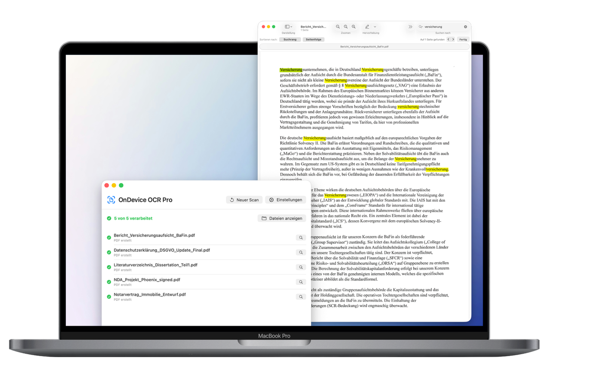 OnDevice OCR Pro zeigt einen fertig verarbeiteten Stapel von fünf Dokumenten neben einer durchsuchbaren PDF mit hervorgehobenen Suchergebnissen