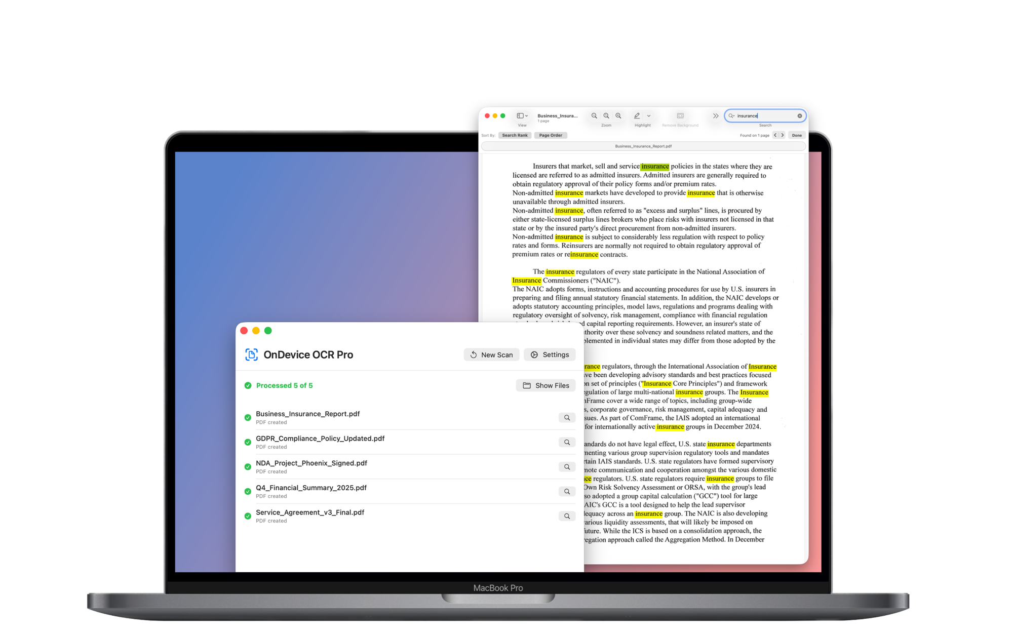 OnDevice OCR Pro showing processed documents next to a searchable PDF