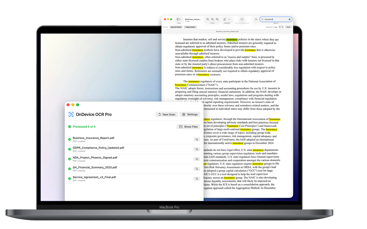 OnDevice OCR Pro showing a finished batch of five documents next to a searchable PDF with highlighted search results