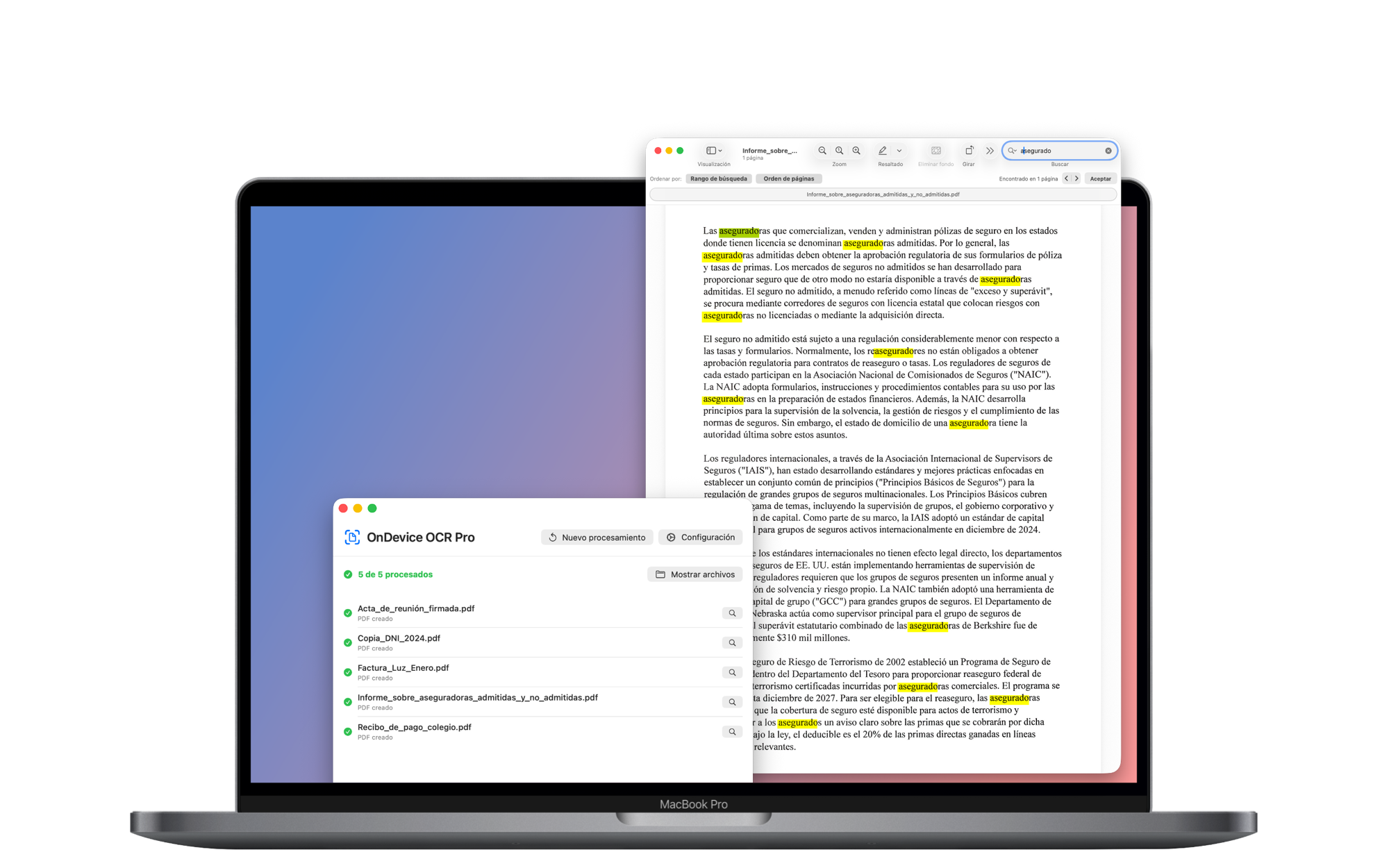 OnDevice OCR Pro muestra un lote completado de cinco documentos junto a un PDF en el que se pueden realizar búsquedas, con los resultados resaltados