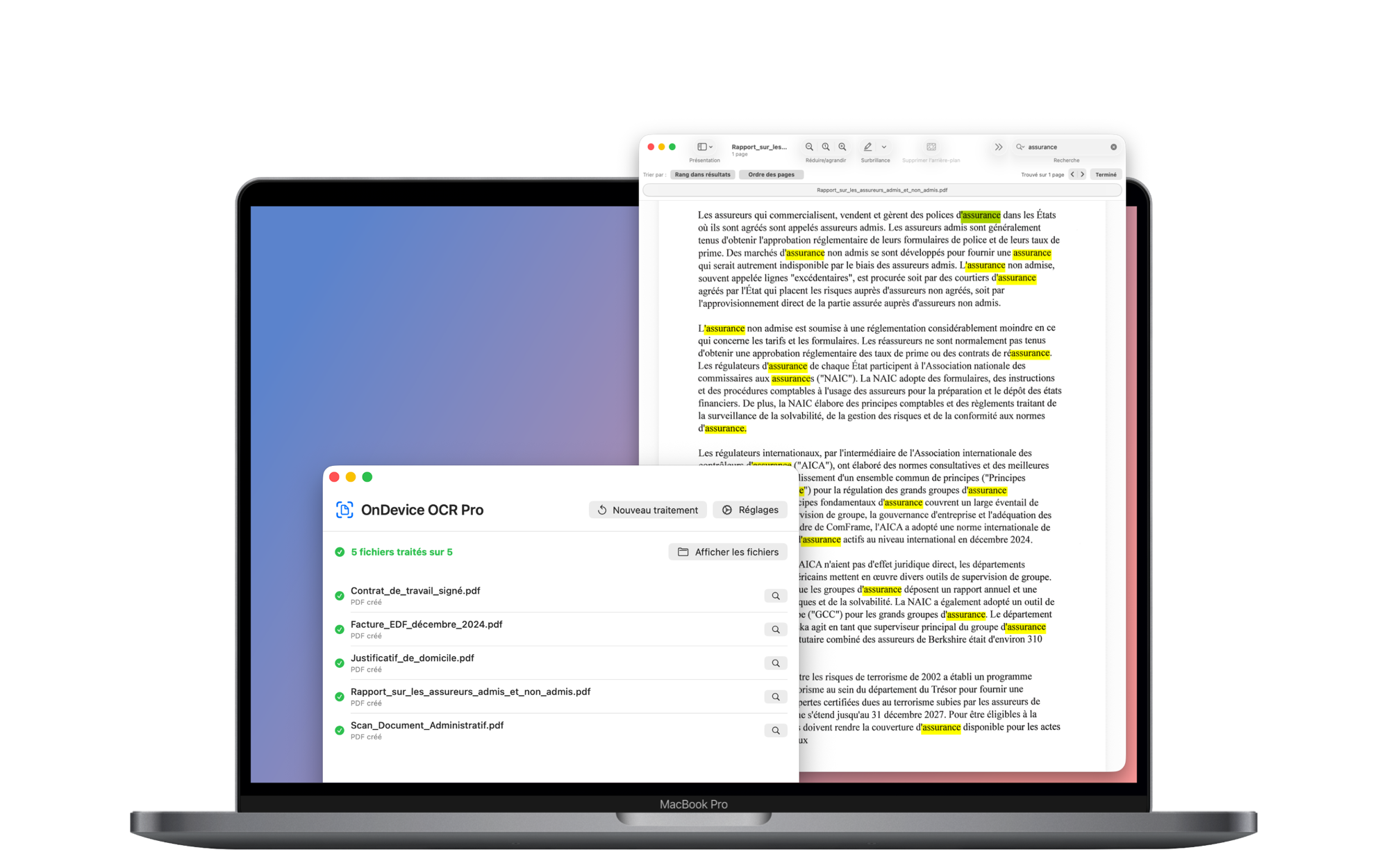 OnDevice OCR Pro affichant un lot de cinq documents traités à côté d’un PDF recherchable dont les résultats de recherche sont mis en évidence
