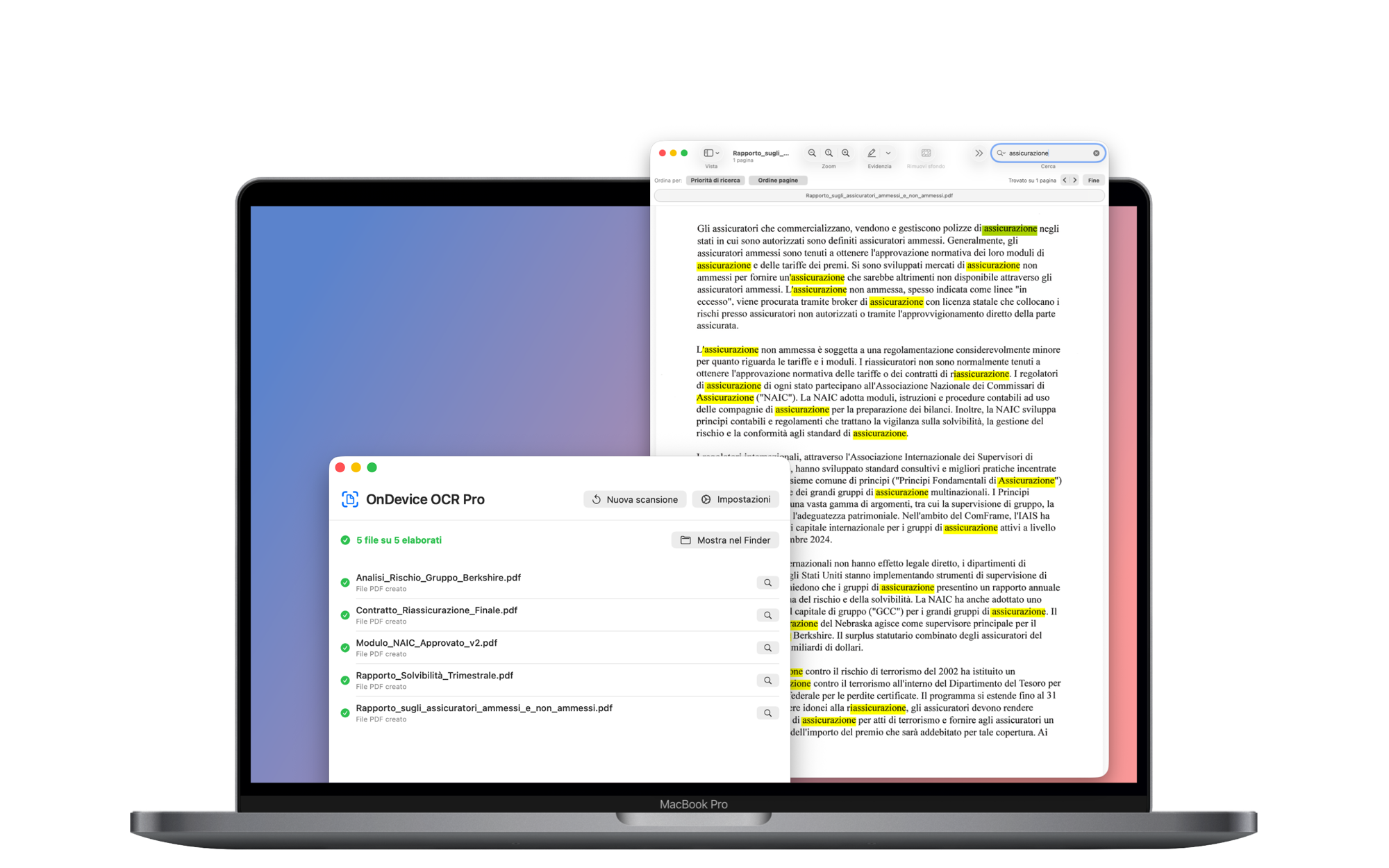 OnDevice OCR Pro mostra un lotto completato di cinque documenti accanto a un PDF ricercabile con i risultati della ricerca evidenziati