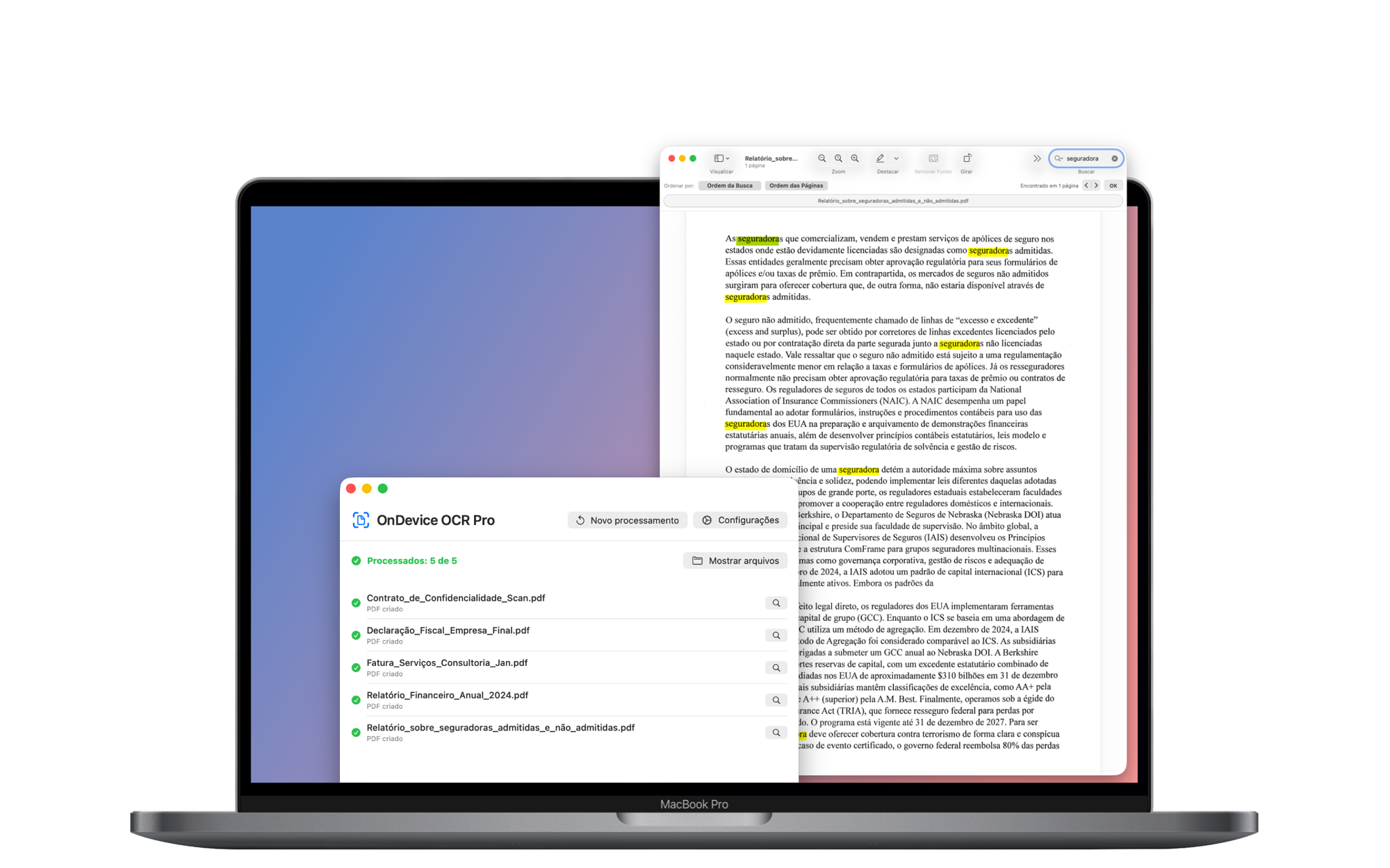 O OnDevice OCR Pro exibe um lote concluído de cinco documentos ao lado de um PDF pesquisável com os resultados da pesquisa destacados