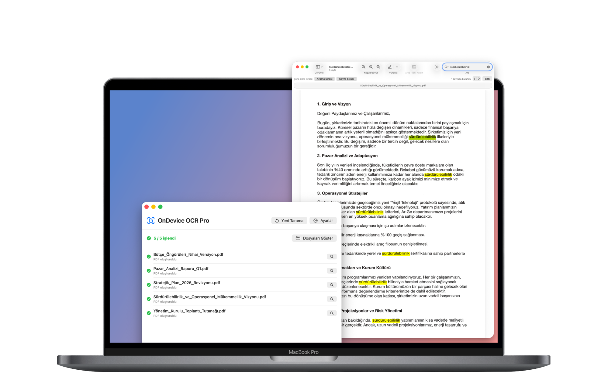 OnDevice OCR Pro, arama sonuçlarının vurgulanmış olduğu aranabilir bir PDF dosyasının yanında, beş belgeden oluşan tamamlanmış bir toplu iş gösteriyor